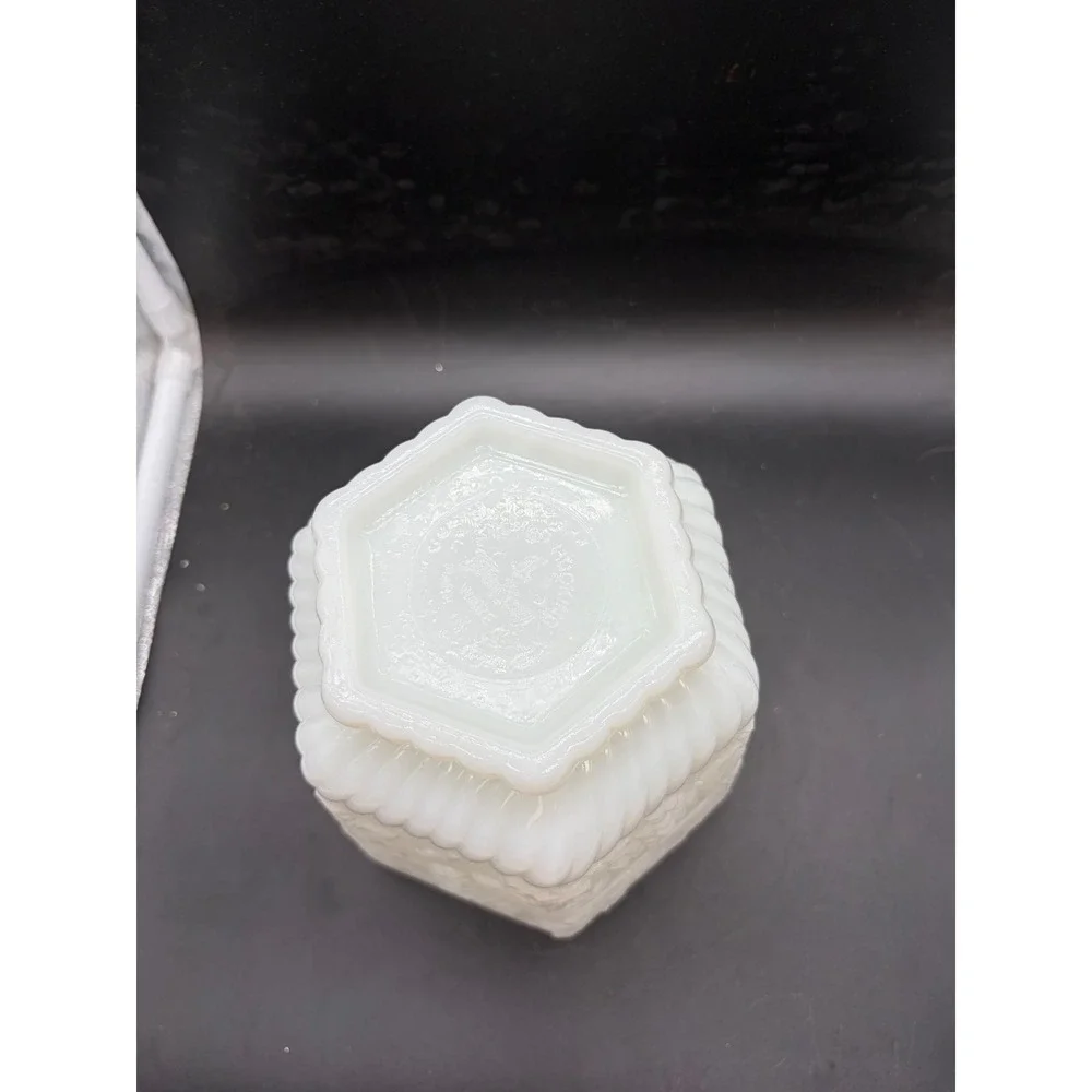Anchor Hocking Milk Glass Harvest Grape Hexagon Candy Dish with Lid Vintage